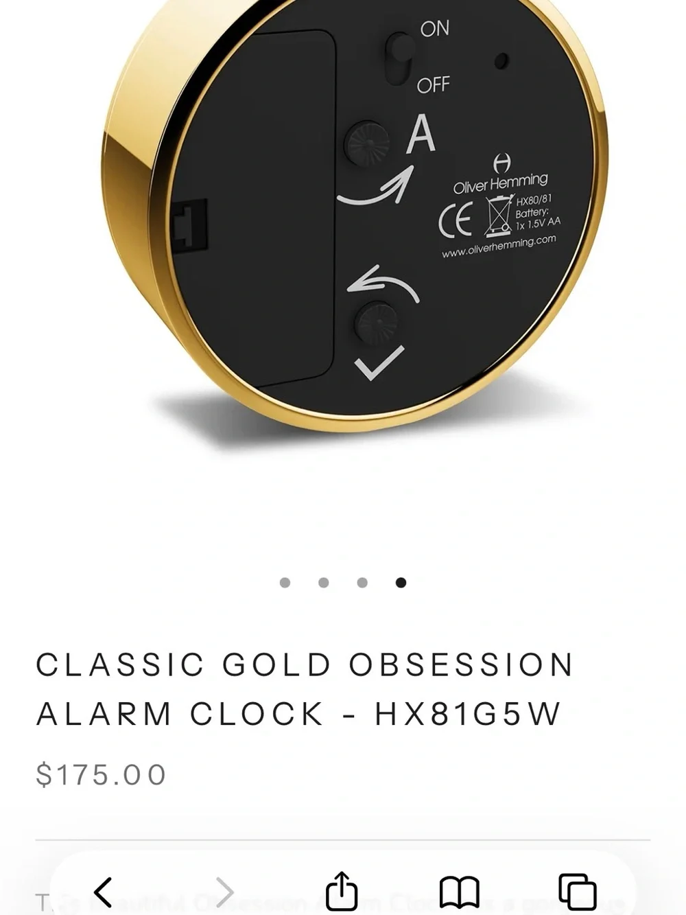 Oliver Hemming CLASSIC GOLD OBSESSION ALARM CLOCK - HX81G5W.  NWT